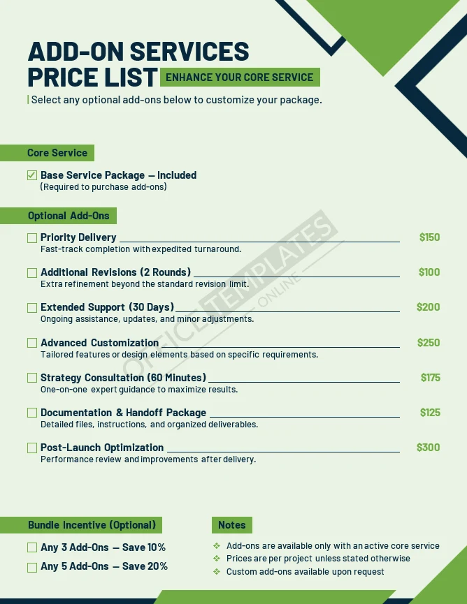 Add-On Services Price List Template