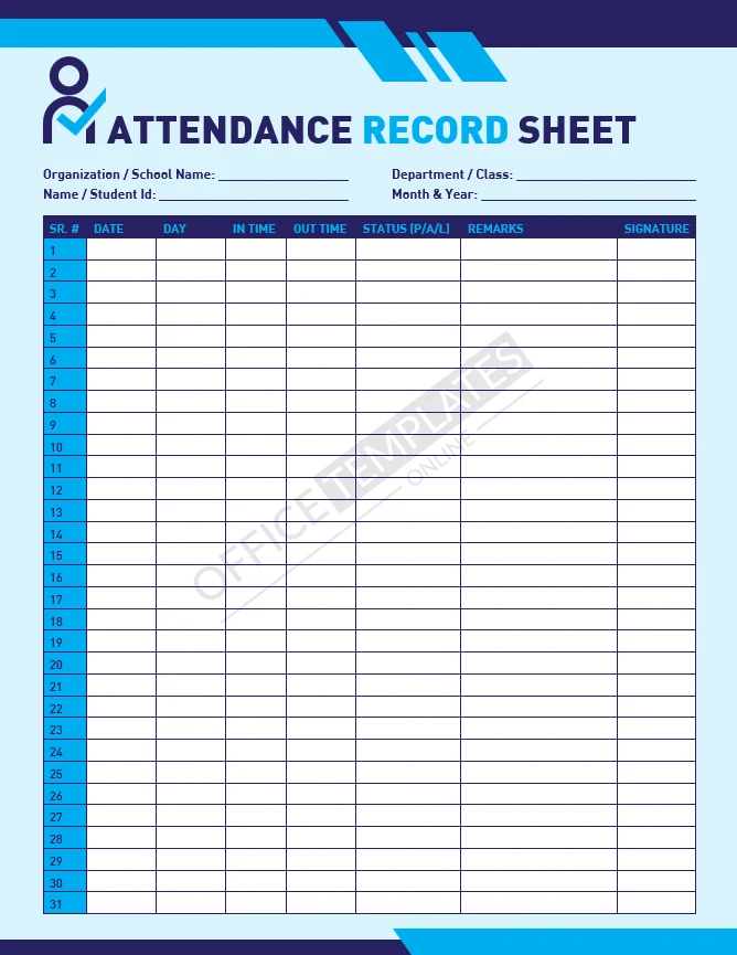 Attendance record sheet template with daily tracking rows and status columns