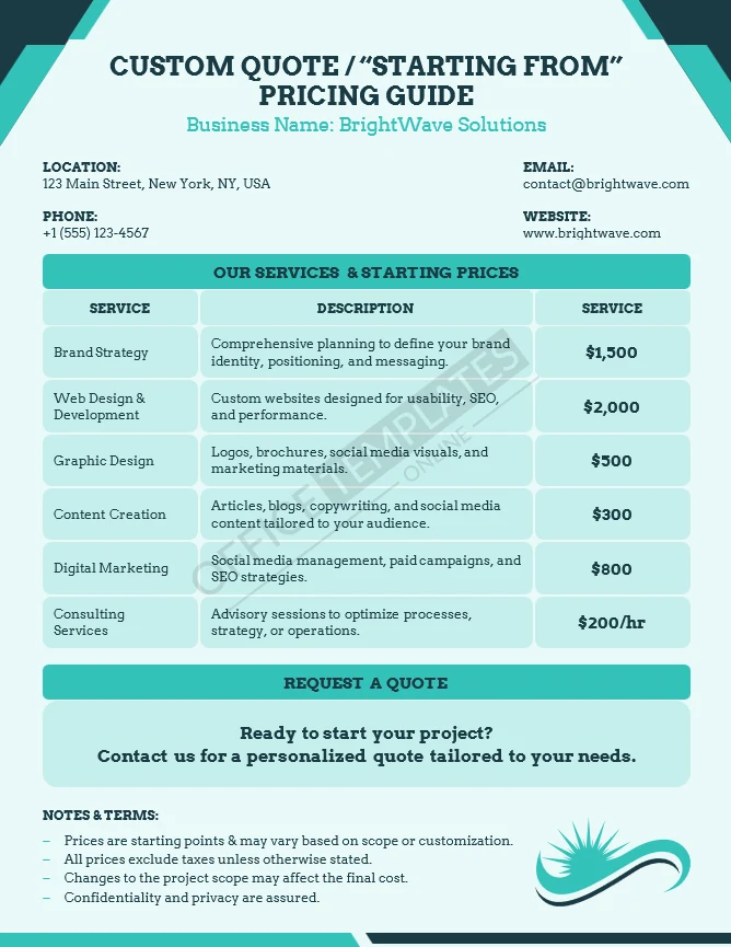 Custom Quote Pricing Guide Template