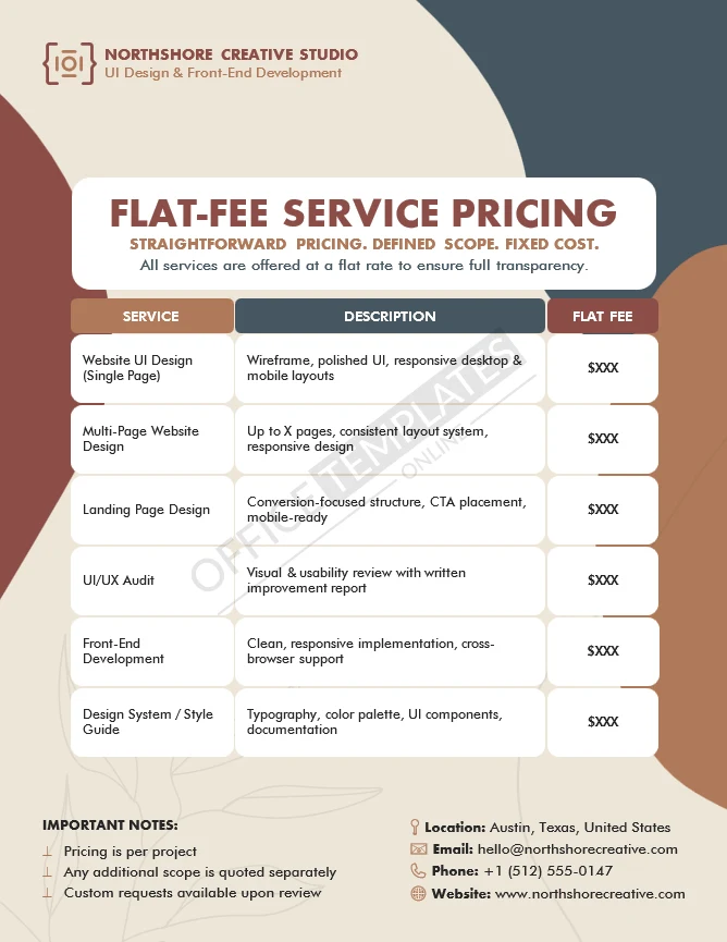 Flat-Fee Service Pricing Sheet Template (Free Word Download)