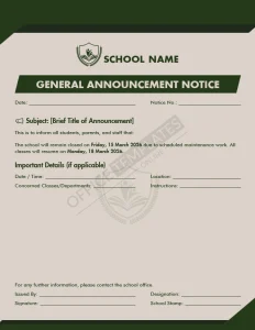 General School Announcement Notice Template (Word)