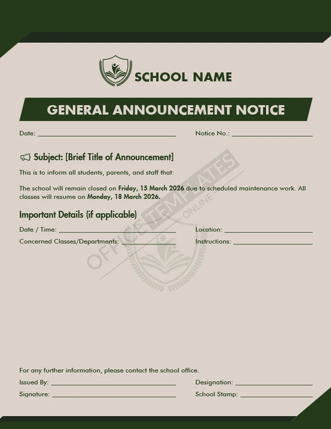 General school announcement notice template with subject line and public notice format