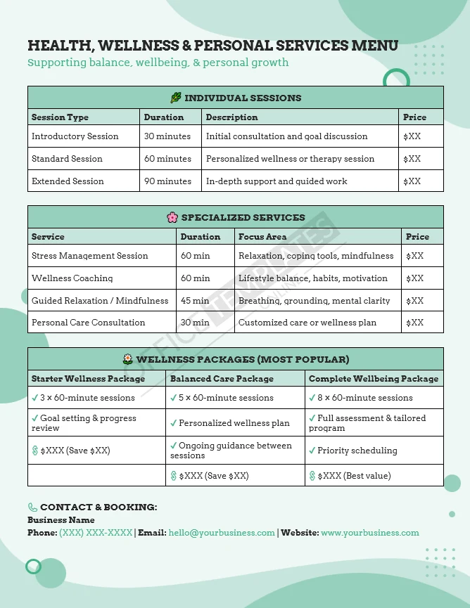 Health, Wellness & Personal Services Menu Template