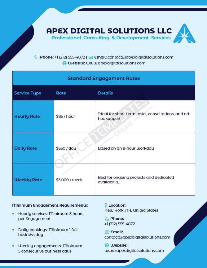 Hourly Rate Service Menu Template