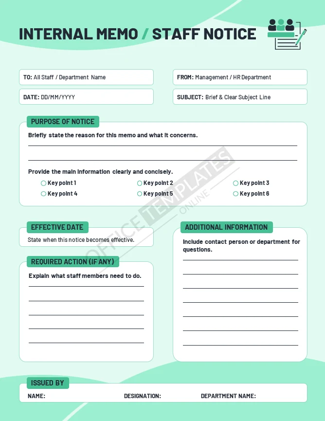 Internal memo staff notice template with action required and effective date sections