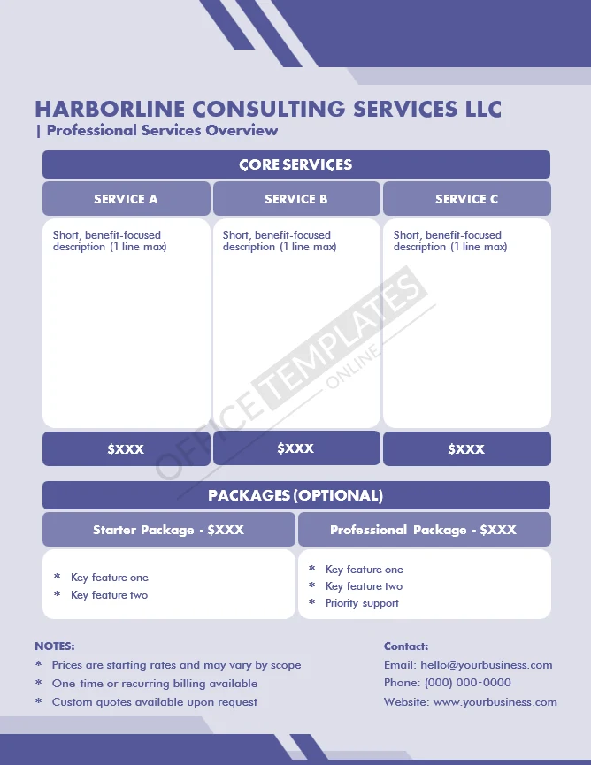 One-Page Service Rate Card Template for MS Word