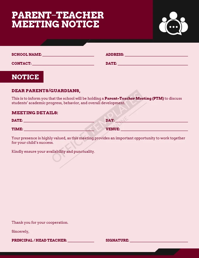 Parent teacher meeting notice template with date time and venue fields