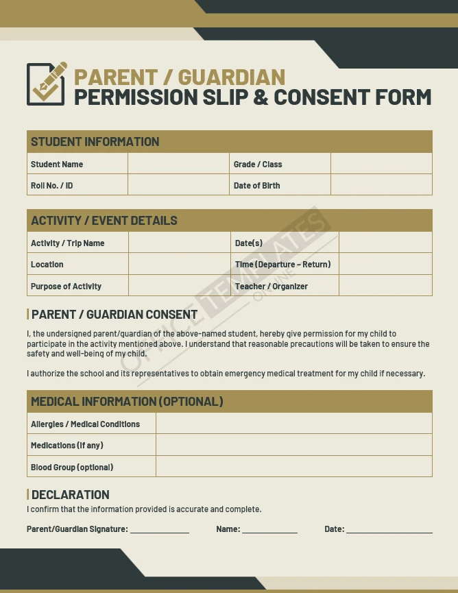 Parent guardian permission slip and consent form template for school activities