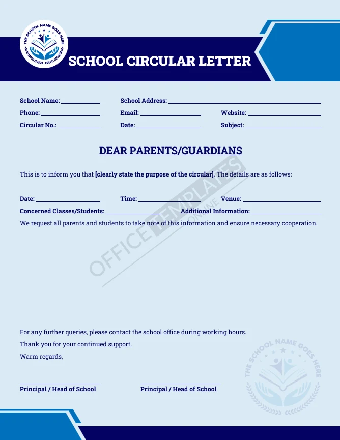 School circular letter template with subject, date, and official announcement sections