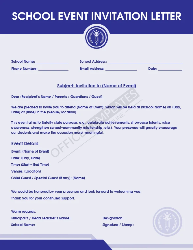 School event invitation letter template with event details and formal layout