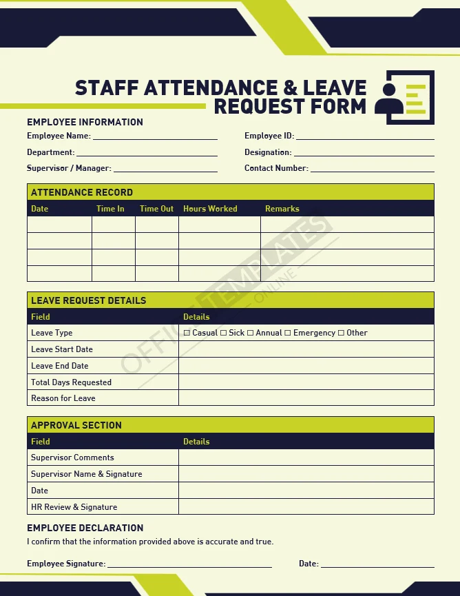 Staff attendance and leave request form template with approval and signature sections