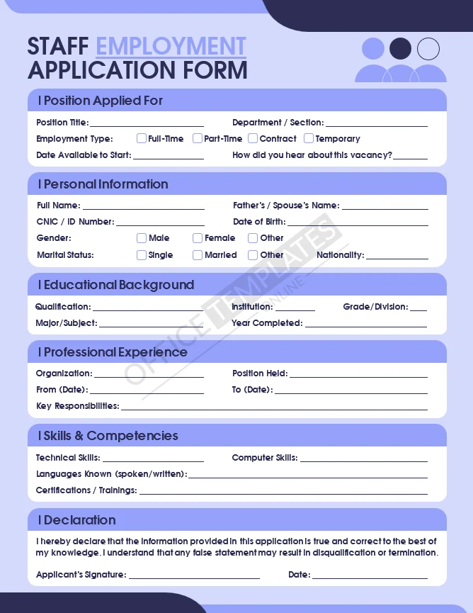 Staff employment application form template with education experience and skills sections