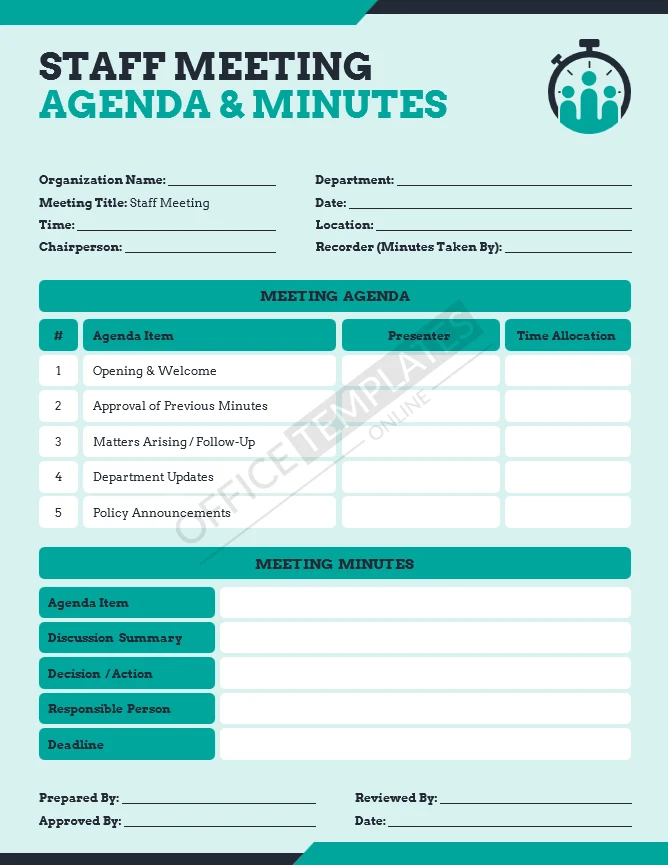 Staff meeting agenda and minutes template with discussion and action item tables