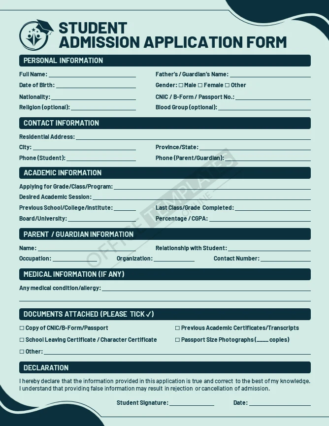 Student admission application form template with academic history and document checklist layout