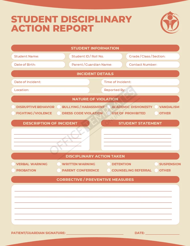 Student disciplinary action report template with incident details and corrective measures sections