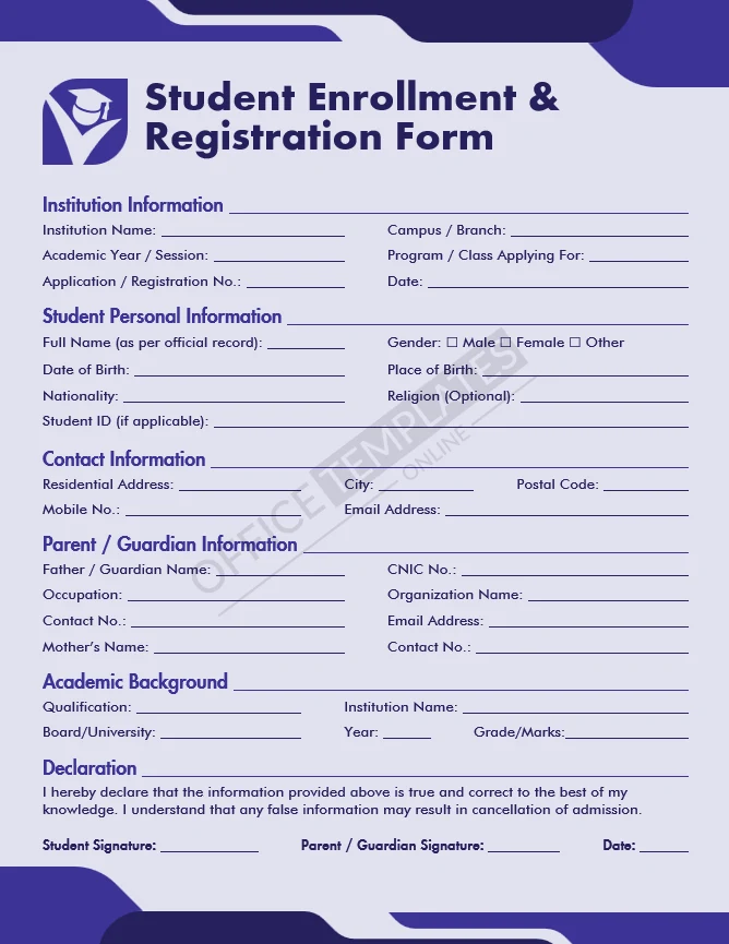 Student enrollment and registration form template with personal, academic, and guardian information fields