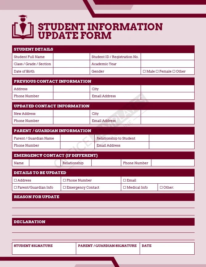 Student information update form template for schools with contact and emergency details sections