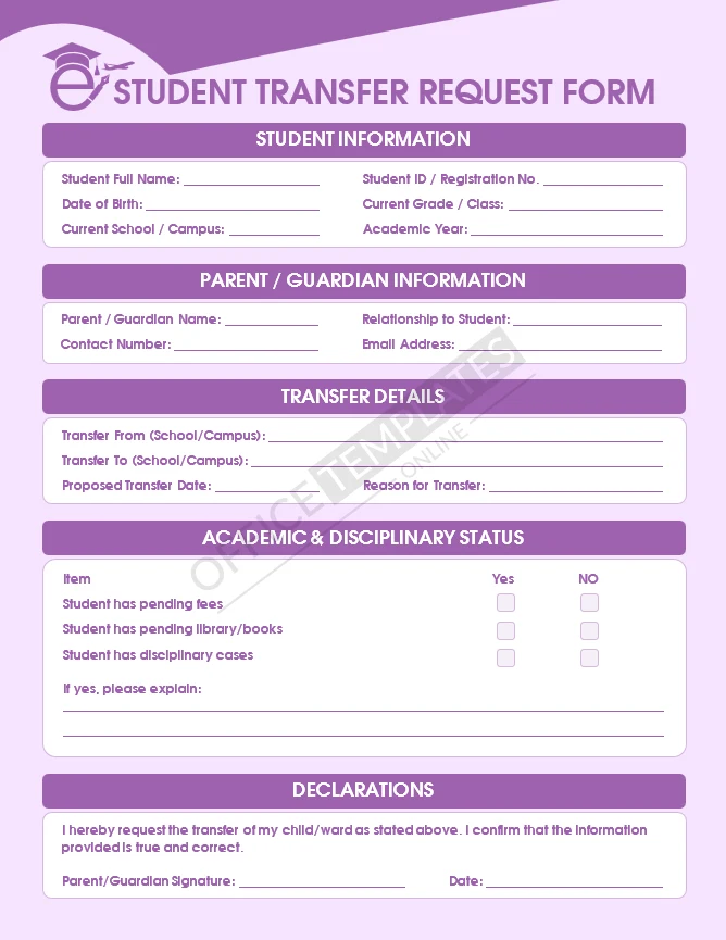 Student transfer request form template showing student, parent, and academic status sections