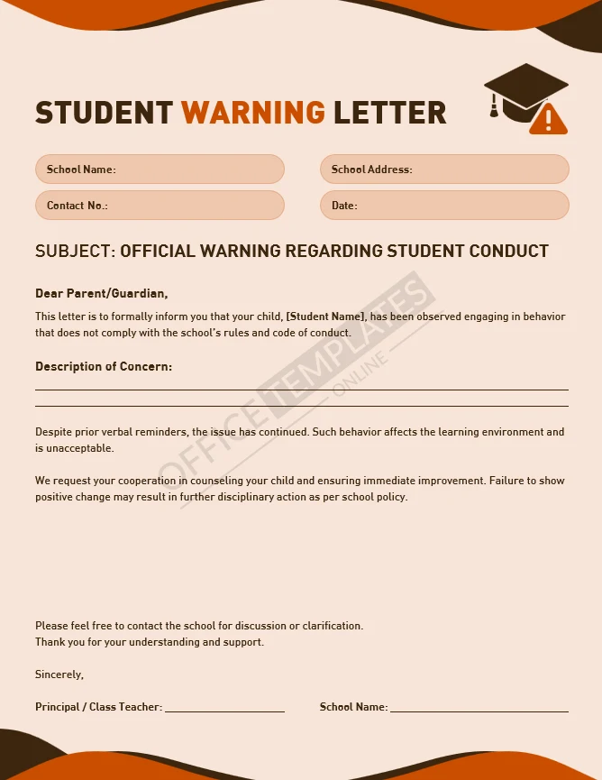 Student warning letter template for schools with formal layout and parent notification sections