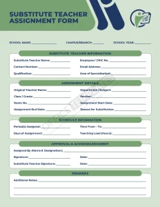 Substitute Teacher Assignment Form Template (Word)