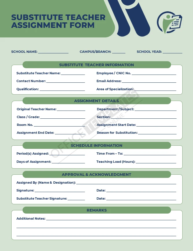 Substitute teacher assignment form template with schedule and approval sections