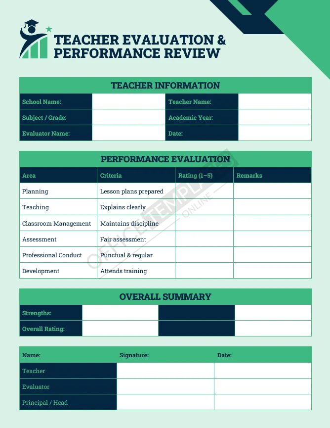 Teacher evaluation and performance review template with rating criteria and remarks sections