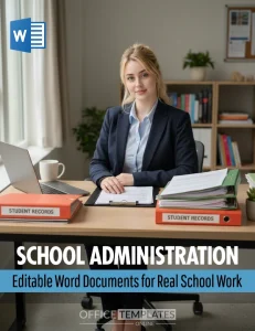 School administrator using organized documents and forms at a desk in a professional school office