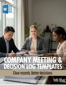 Company meeting and decision log templates shown in a professional business meeting setting