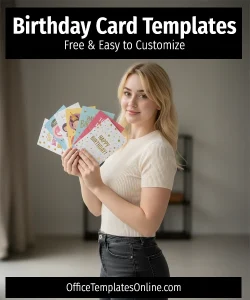 Woman holding multiple birthday card templates with clean background