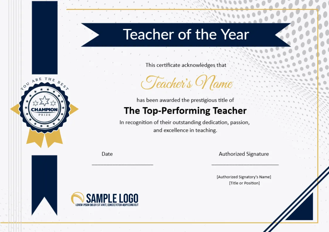 Teacher of the Year Certificate