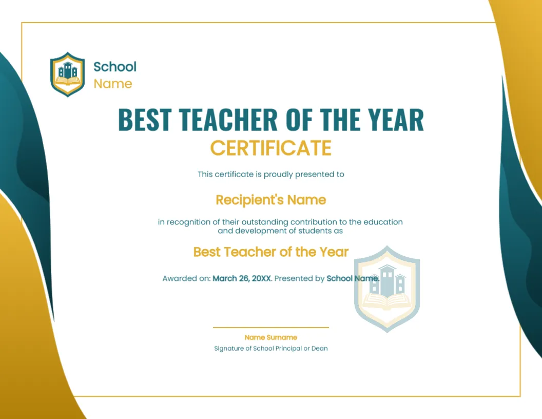 Certificate Template for Best Teacher of the Year