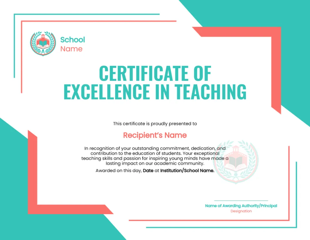 Excellence in Teaching Certificate Template
