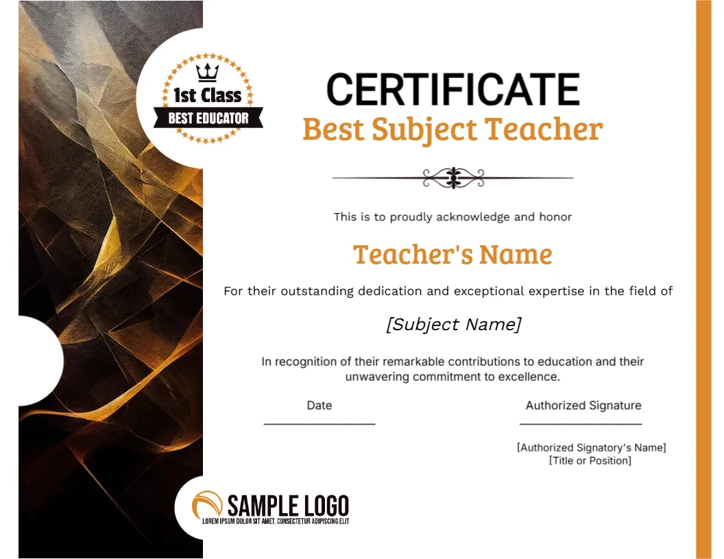 Certificate Template for Best Subject Teacher