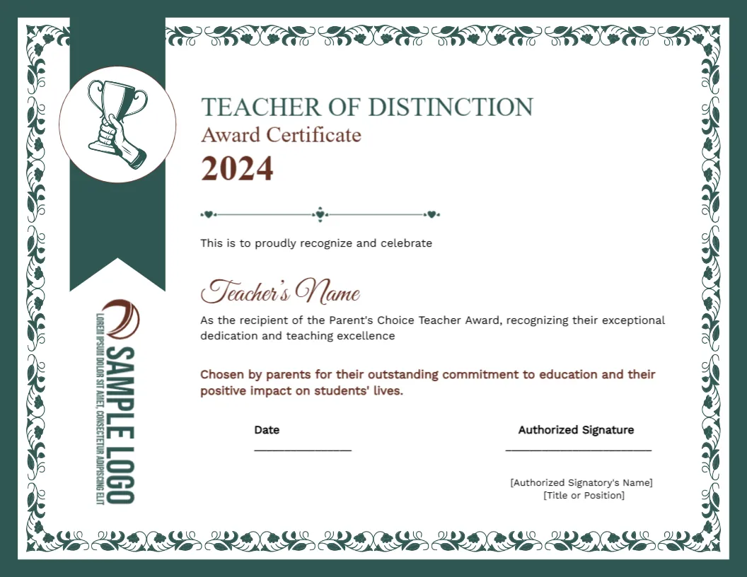 Certificate Template for Parent’s Choice Teacher