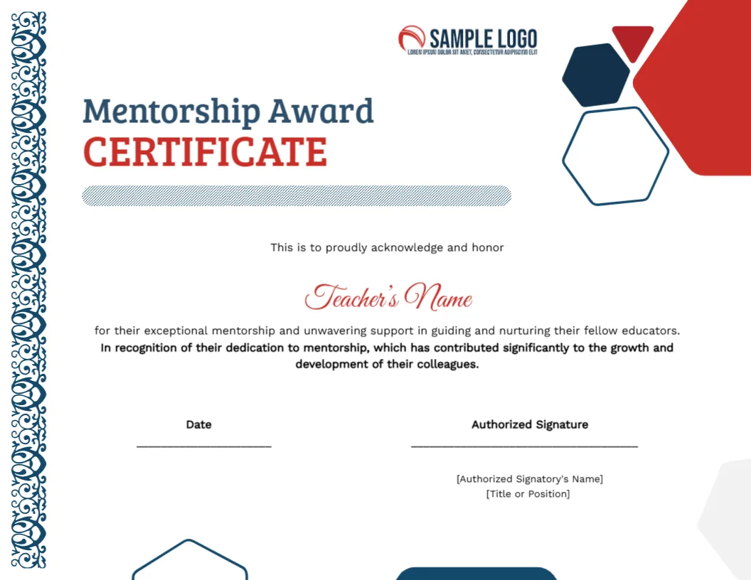 Certificate Template for Mentorship Award