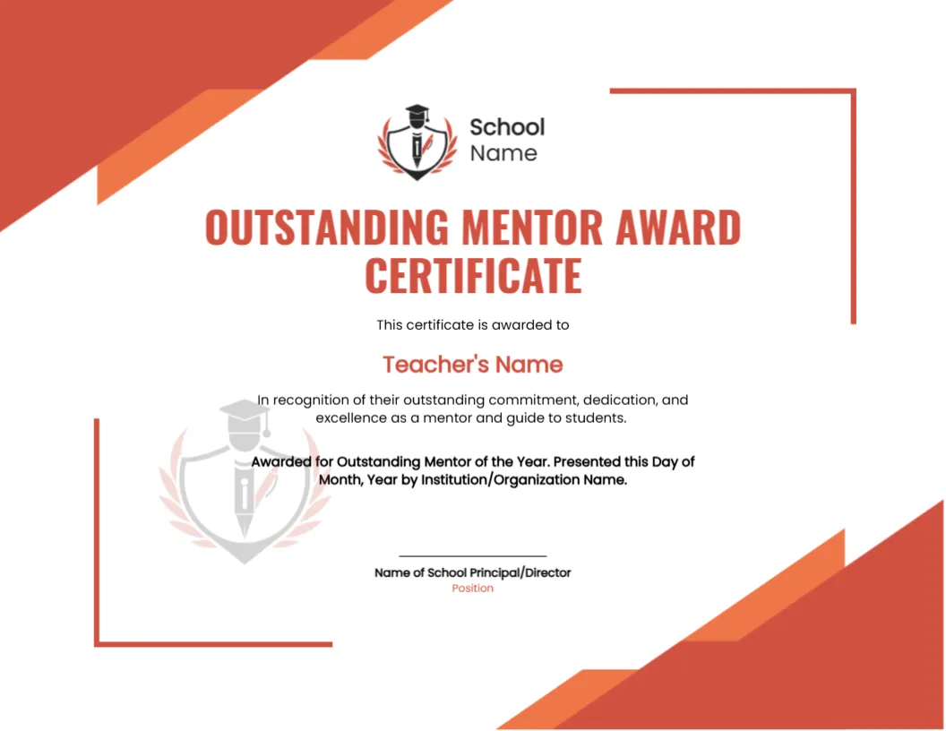 Certificate for Outstanding Mentor Award