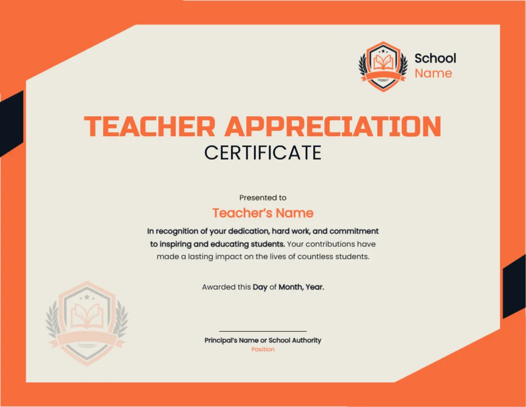 Certificate for Teacher Appreciation