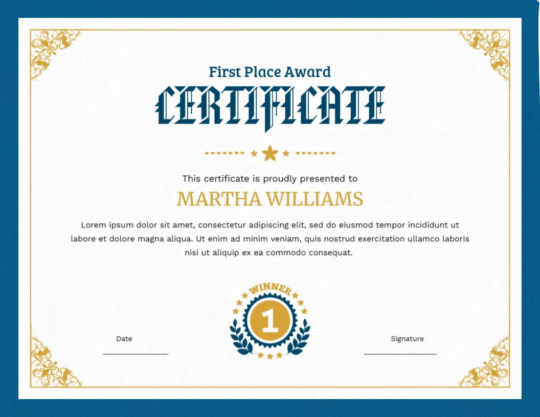 Award Certificate Template for First Place