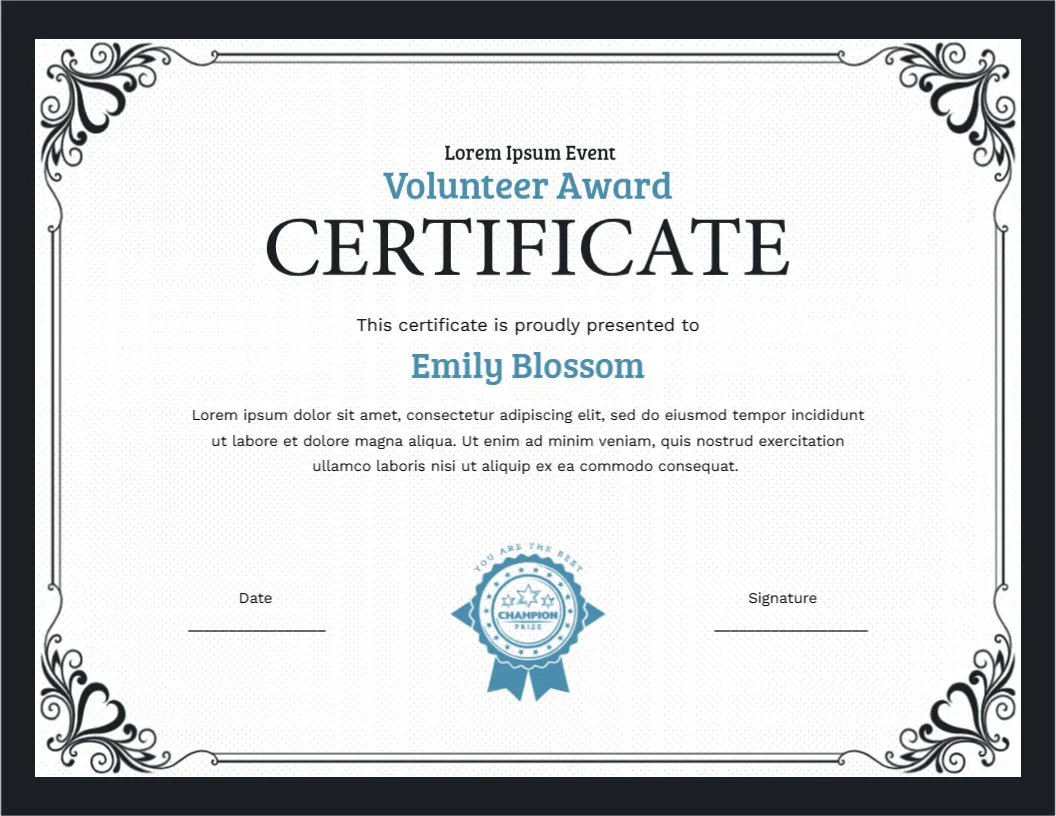 Award Certificate Template for Volunteer
