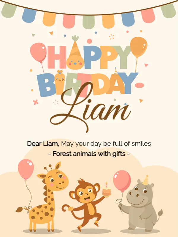 Kids Birthday Card with Cartoon Animals