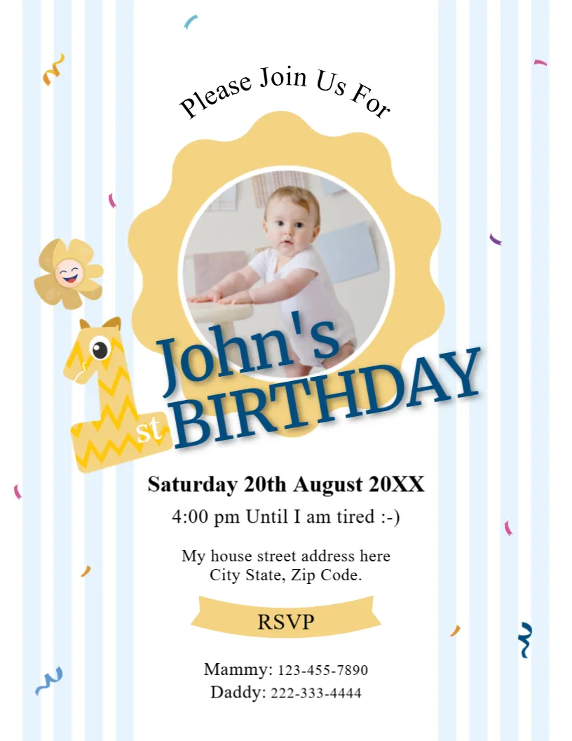 Baby Boy’s First Birthday Invitation Card Template