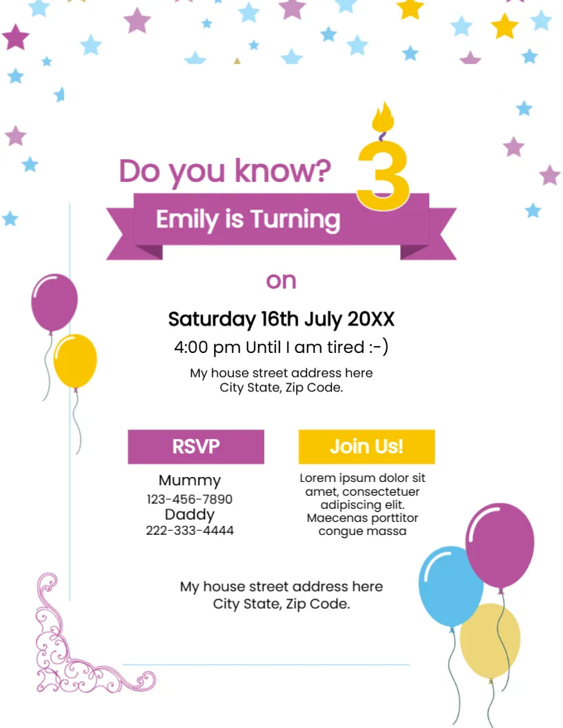 Invitation Card Template for Colorful Baby Birthday Party