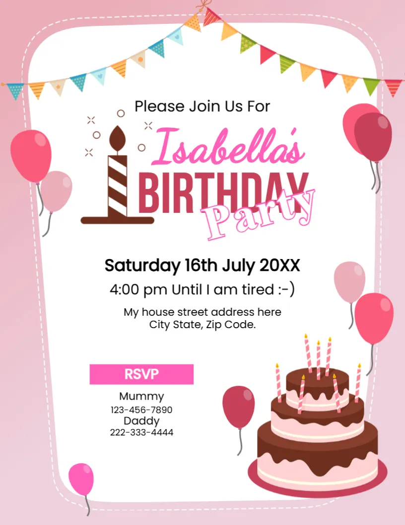 Invitation Card Template for Baby Girl’s First Birthday