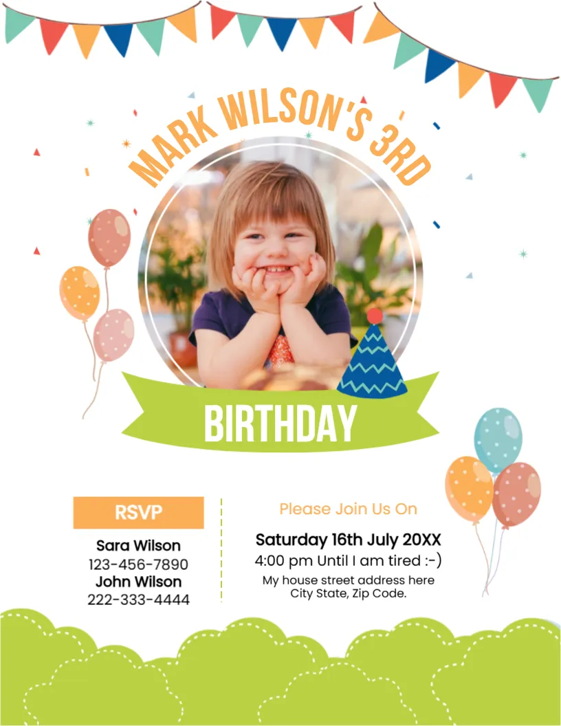 Baby’s 3rd Birthday Party Invitation Card Template