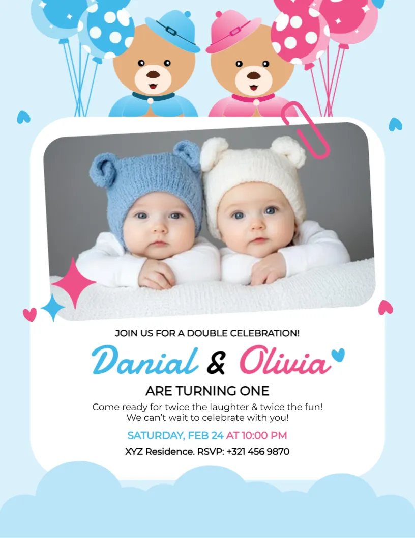 Birthday Invitation Card Template for Twins