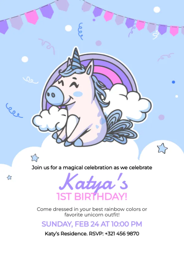 Unicorn Themed Birthday Invitation Card Template