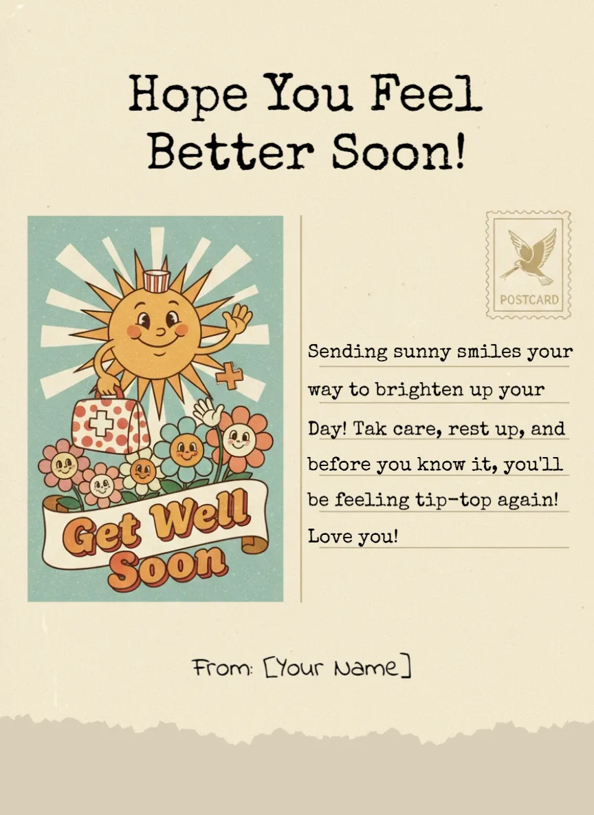 Retro 1950s Postcard Style Get Well Soon Card