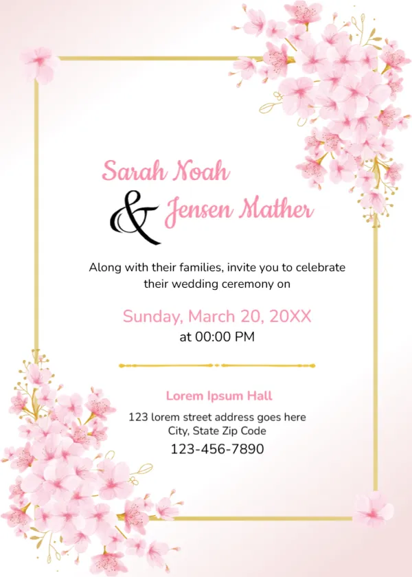 Pink Floral Corners Wedding Invitation Template