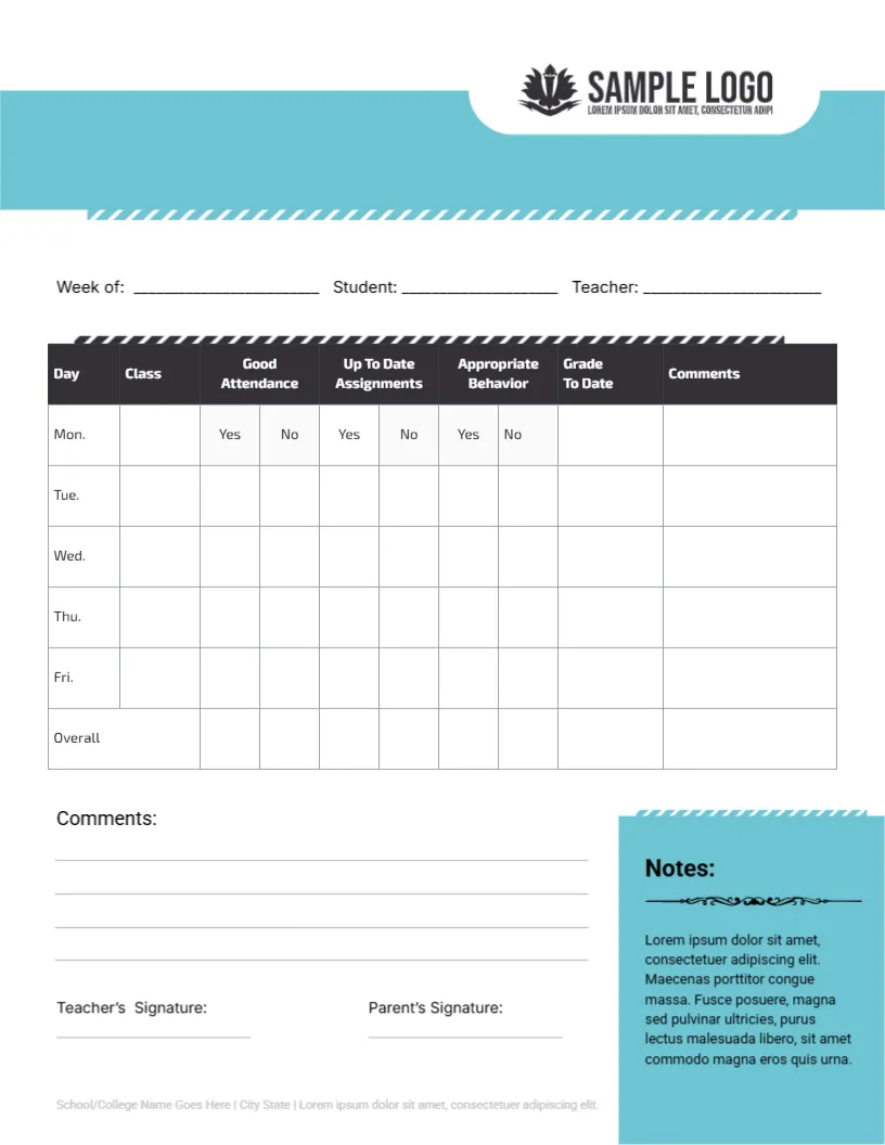 Report Card Template for Weekly Academic Progress
