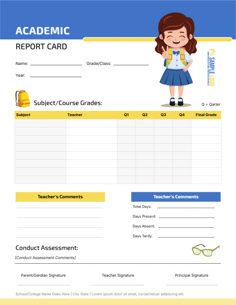 Traditional Report Card Template Academic